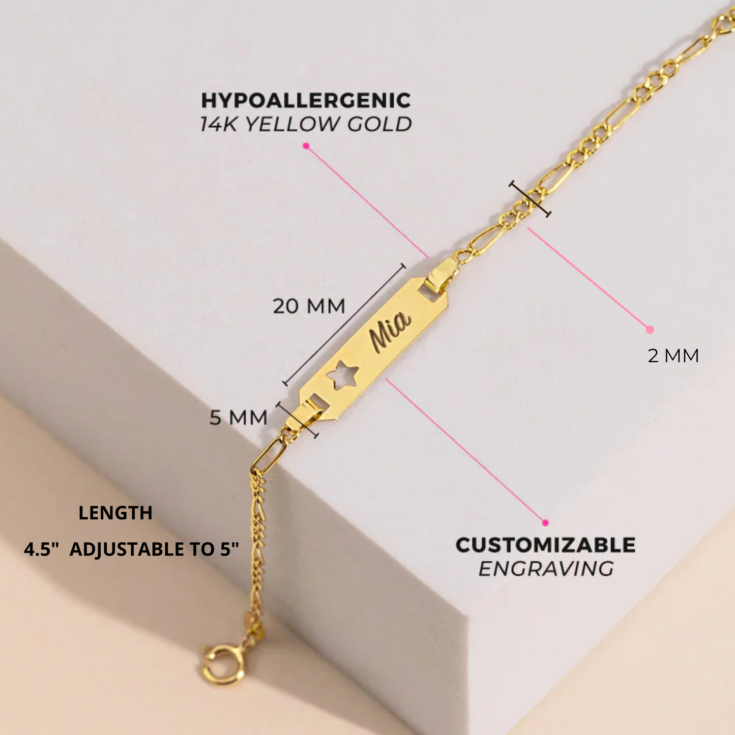 14k Star Cutout Tag ID Baby Bracelet 4.5" to 5"