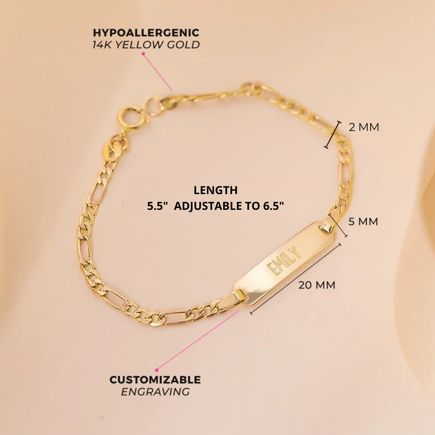 14k Classic Figaro Identification Baby Bracelet 5.5" to 6.5"