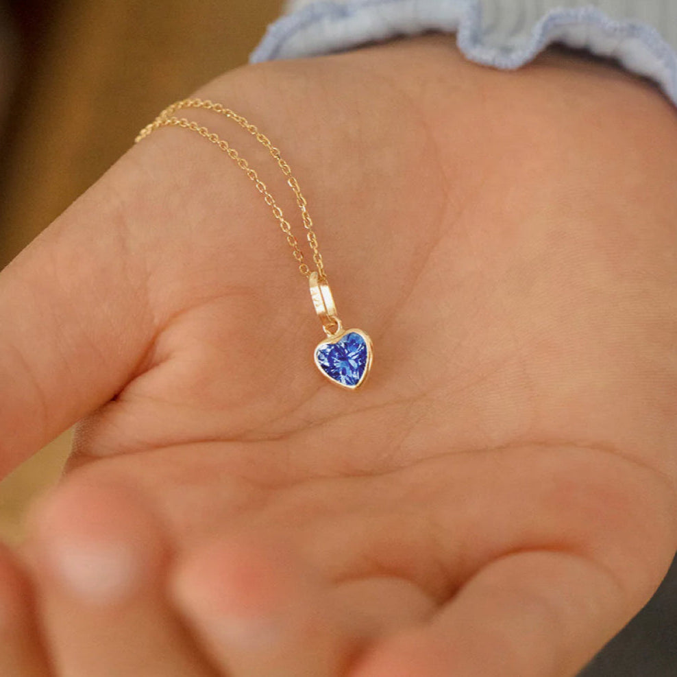 14k Glimmering Simulated Birthstone Heart Necklace 14" inches