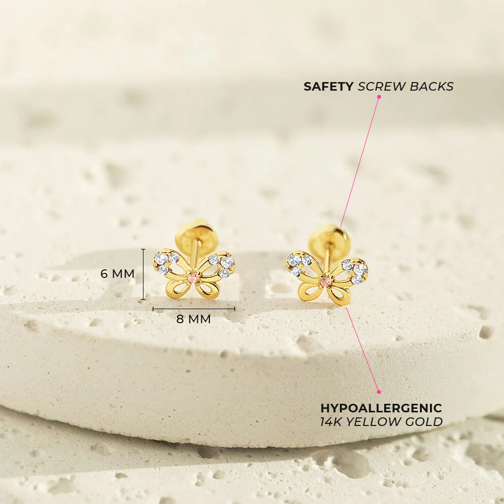 14k Jeweled Flutering Butterfly Girls Earrings
