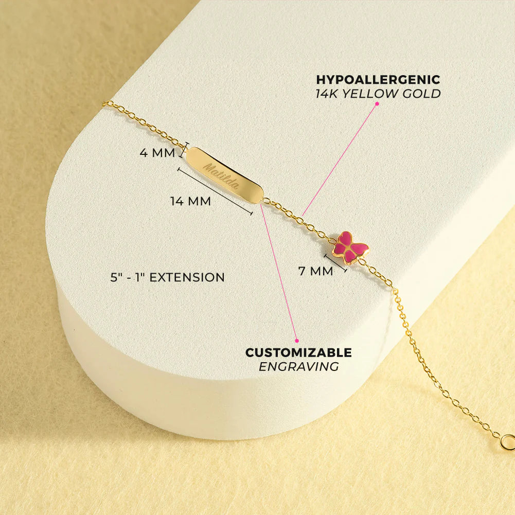 14k Engravable Pink Butterfly Girls Bracelet 5" to 6"