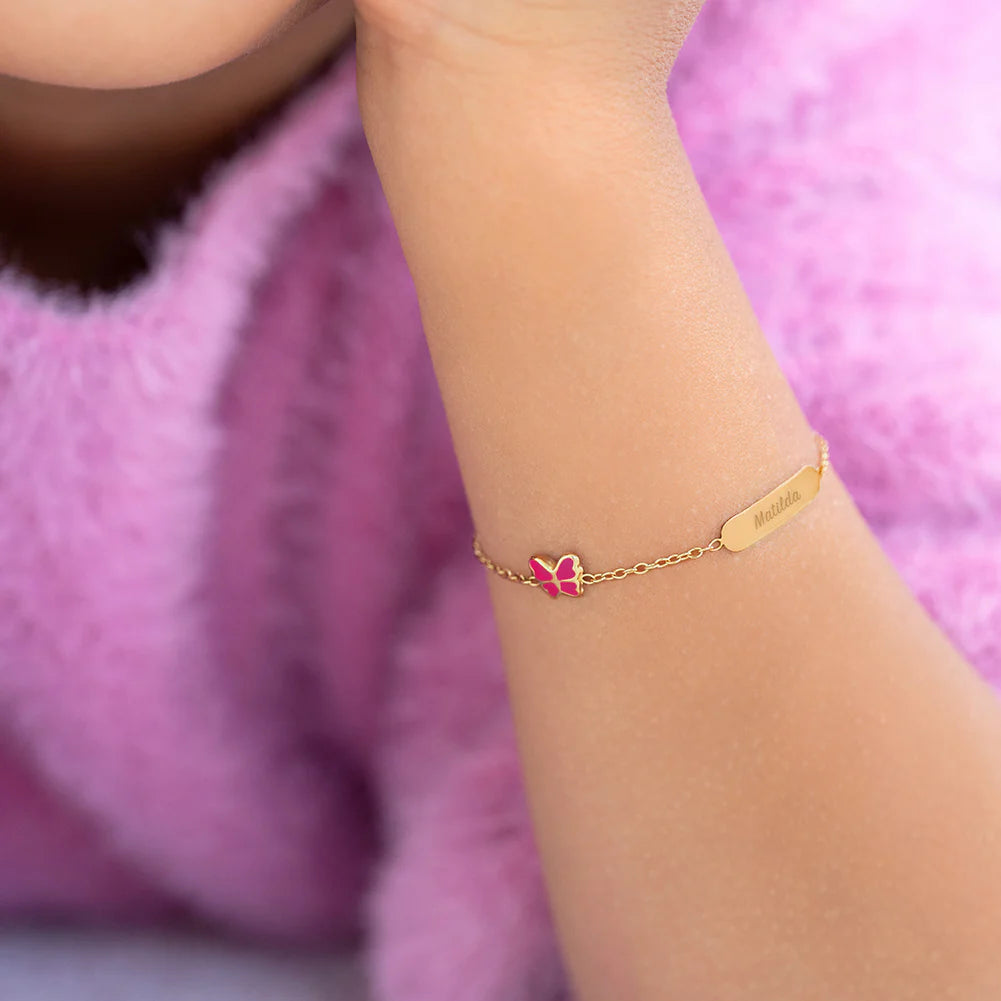 14k Engravable Pink Butterfly Girls Bracelet 5" to 6"