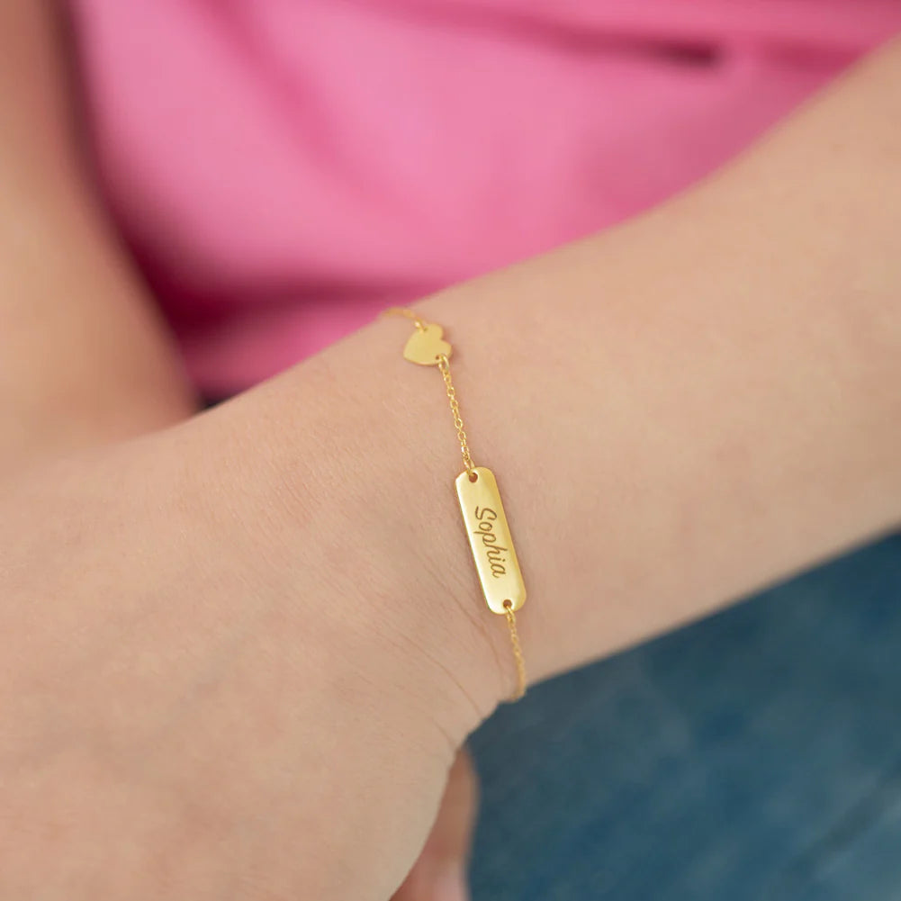 14k Heart Charm Tag ID Girls Bracelet 5" to 6"