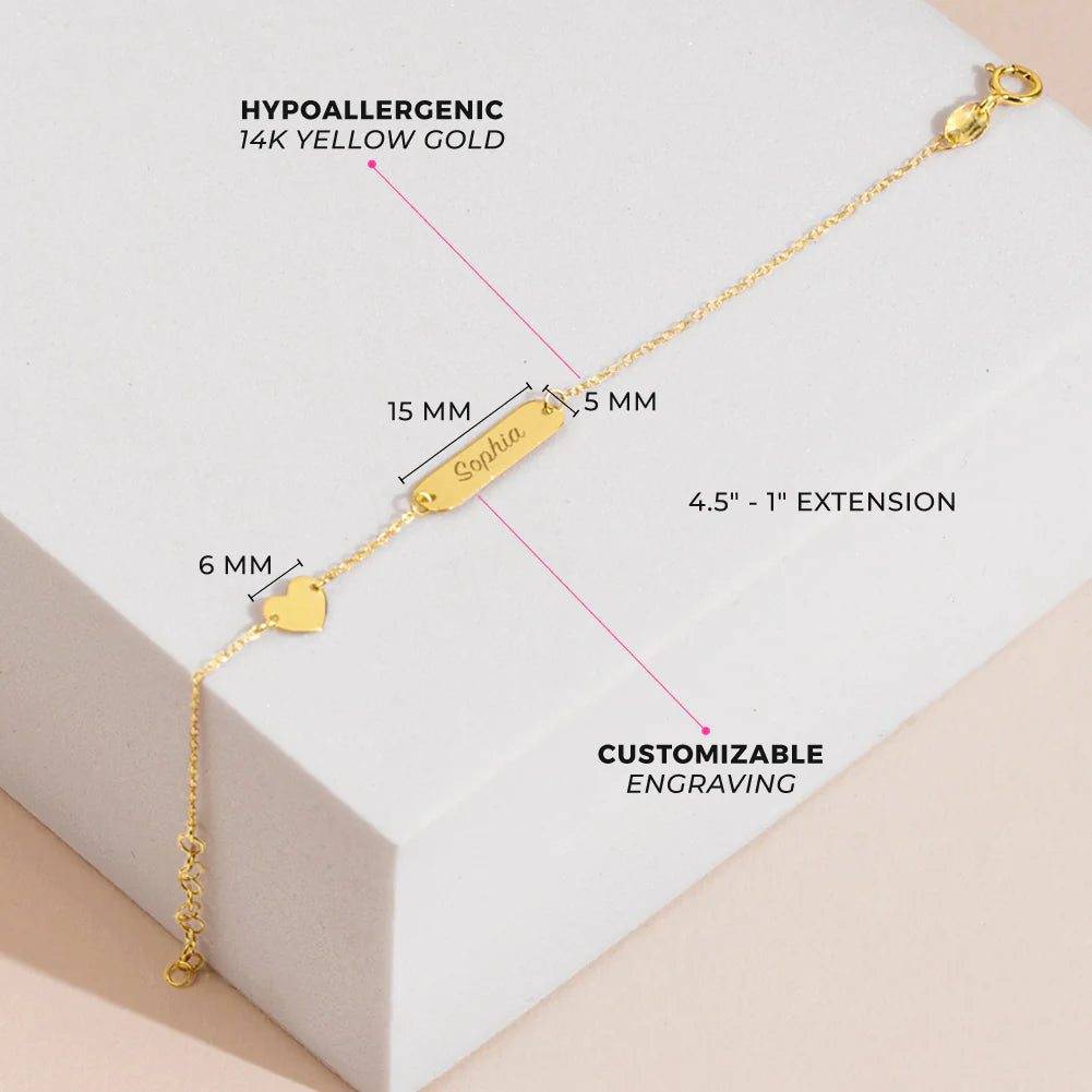 14k Heart Charm Tag ID Girls Bracelet 5" to 6"