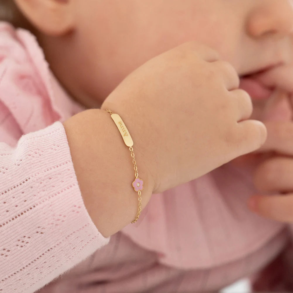 14k Pastel Flower Tag ID Girls Bracelet 5" to 6"