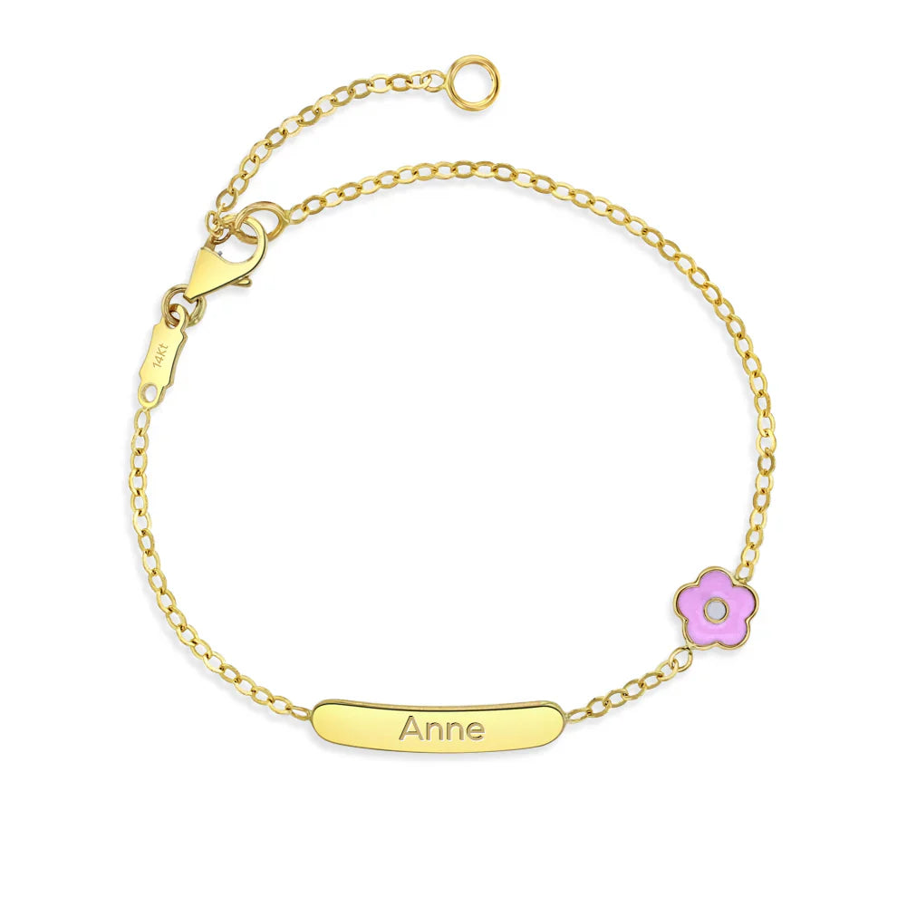 14k Pastel Flower Tag ID Girls Bracelet 5" to 6"