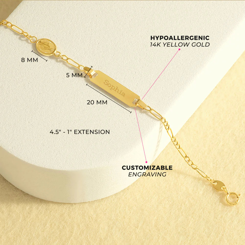 14k Virgin Mary Tag ID Bracelet 4.5" to 5.5"