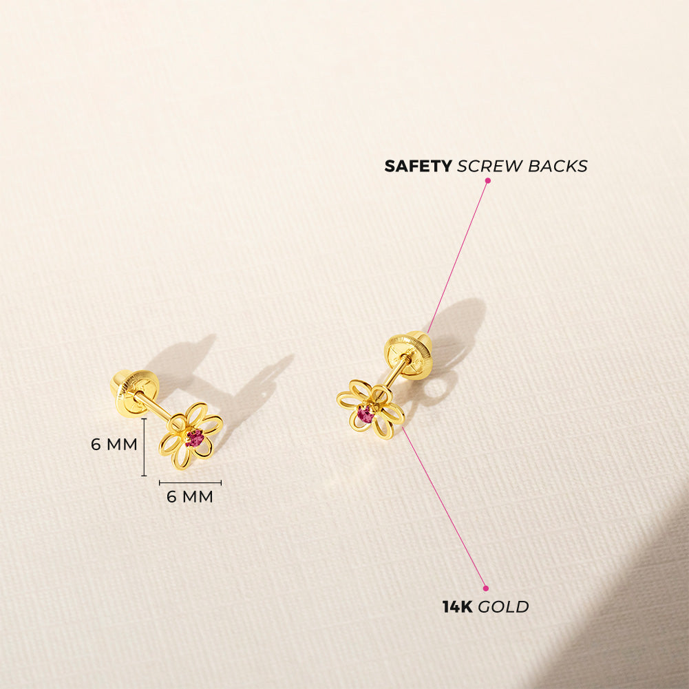 14k Jeweled Open Flower Girls Earrings