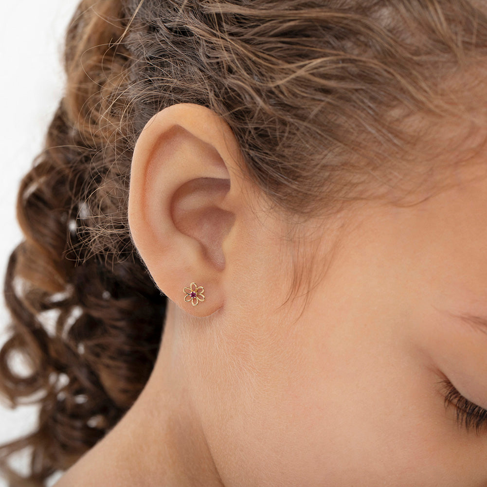14k Jeweled Open Flower Girls Earrings