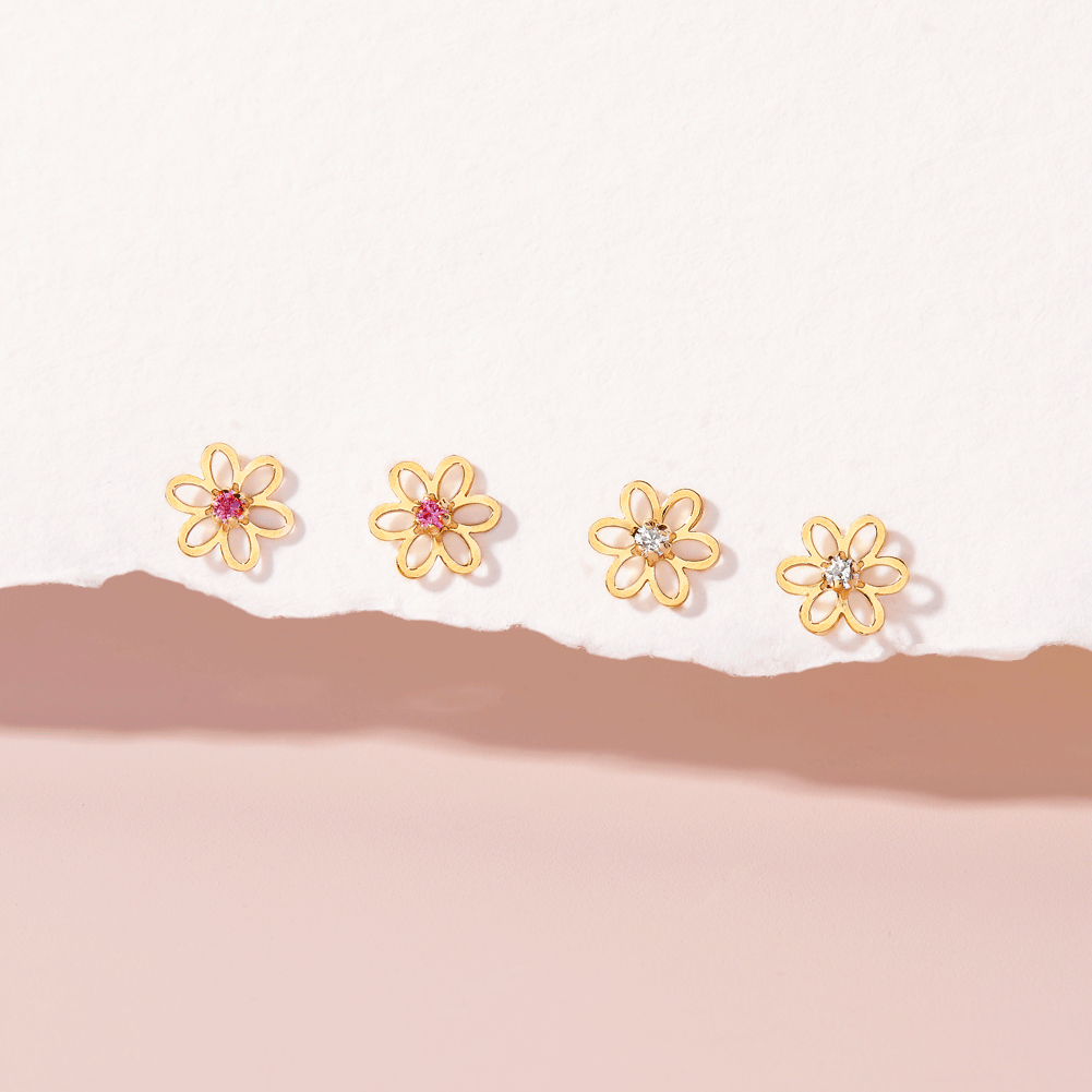 14k Jeweled Open Flower Girls Earrings