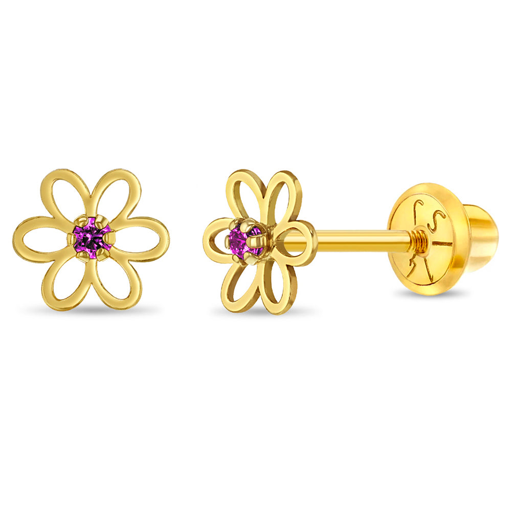 14k Jeweled Open Flower Girls Earrings
