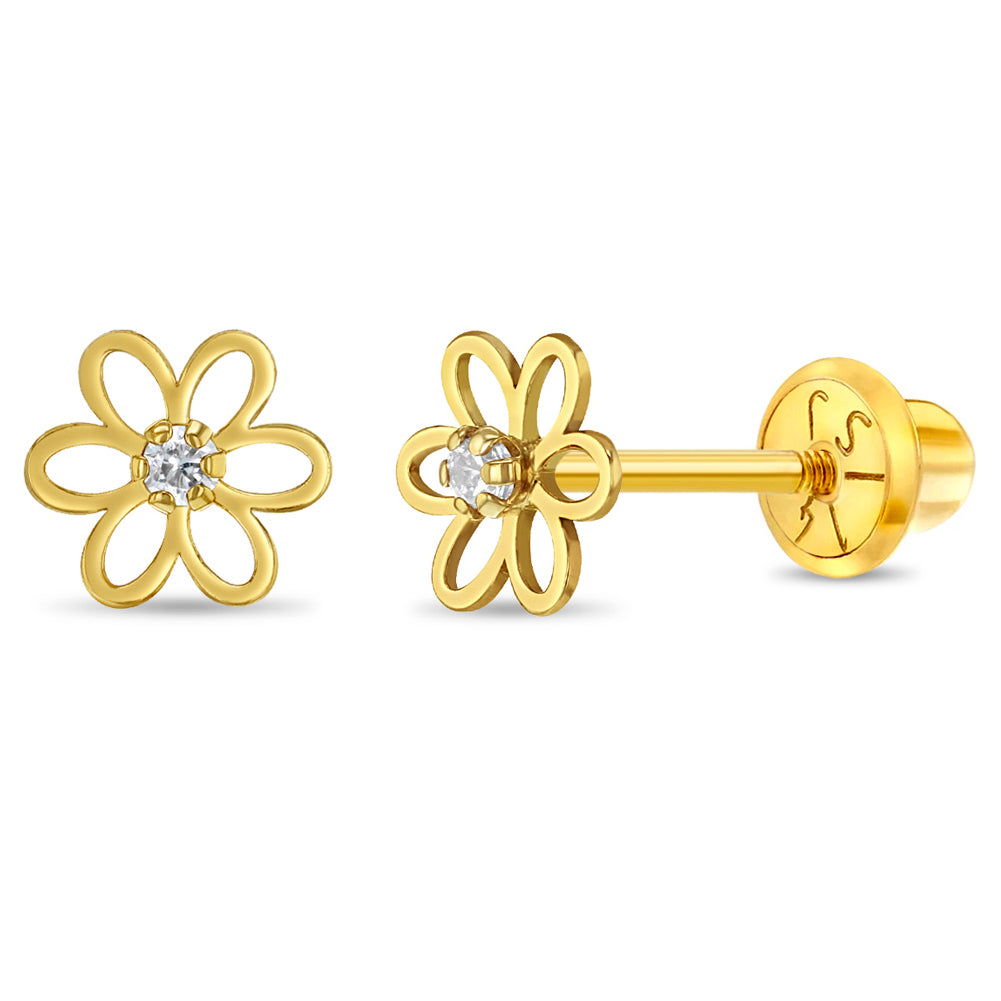 14k Jeweled Open Flower Girls Earrings