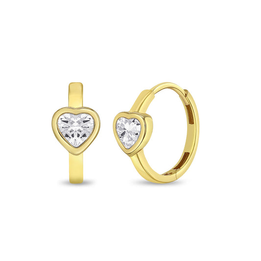Pendientes de aro con corazón brillante de 14 quilates para niñas