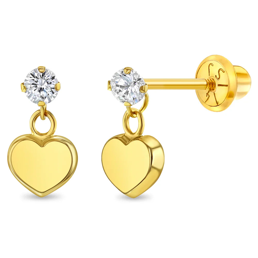 14k Heart Dangle CZ Girls Earrings