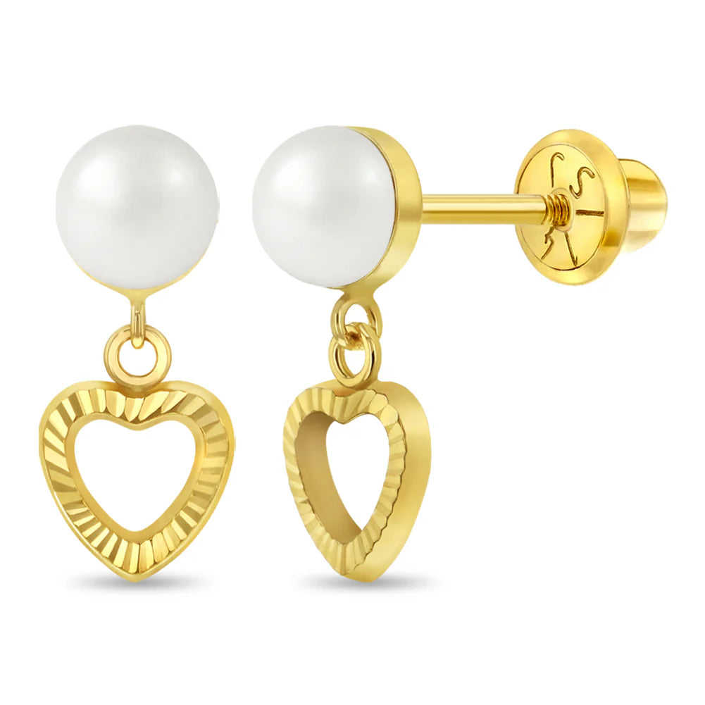 14k Pearl Heart Dangle Girl Earrings