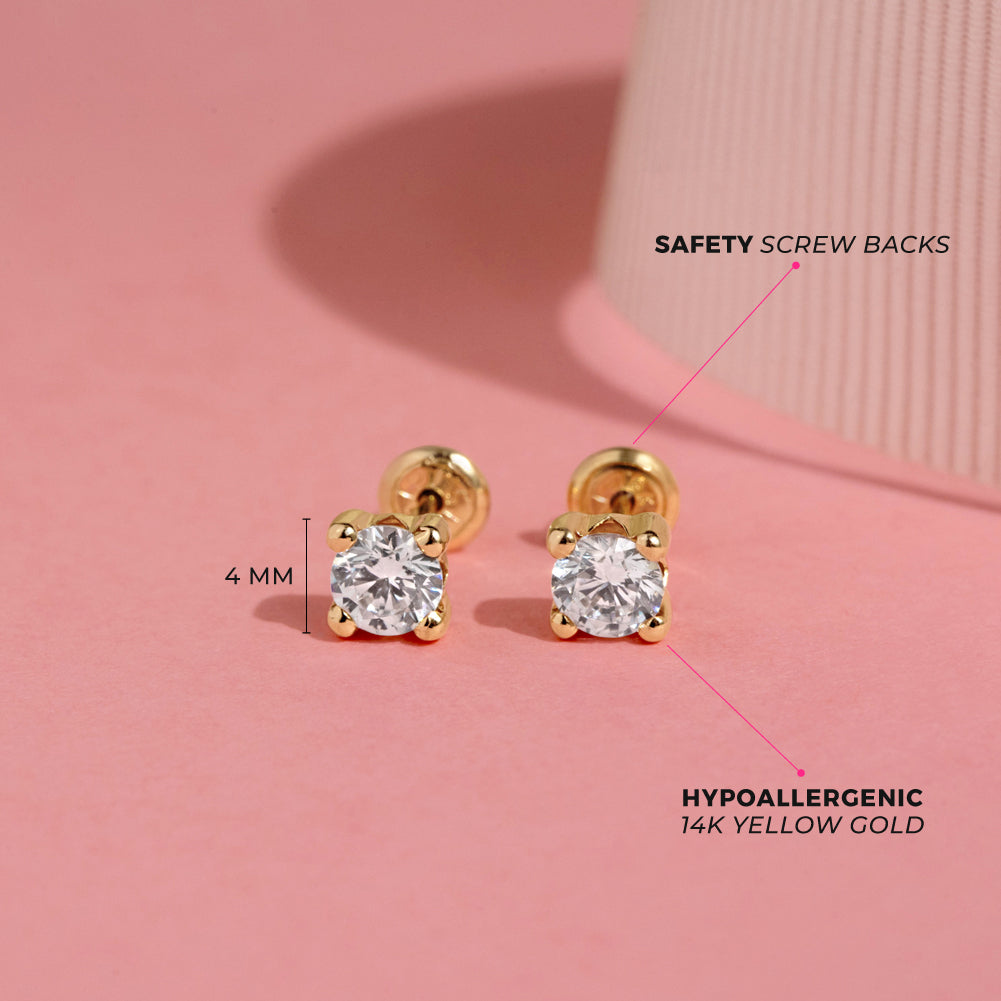 14k 4 Prong CZ Solitaire Toddler Earrings