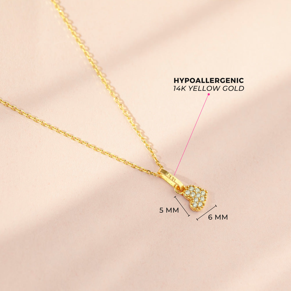 14k Tiny CZ Encrusted Heart Baby Necklace, size 16"