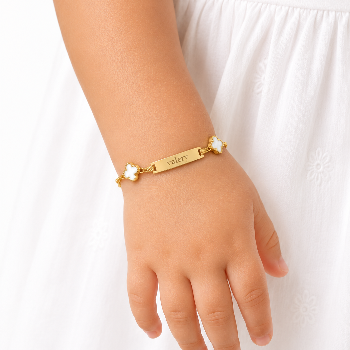Personalized Baby ID Bracelet with Lucky Flower – 10K Solid Gold 💗 6"