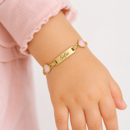 Personalized Baby ID Bracelet with Pink Hearts – 10K Solid Gold 💗
