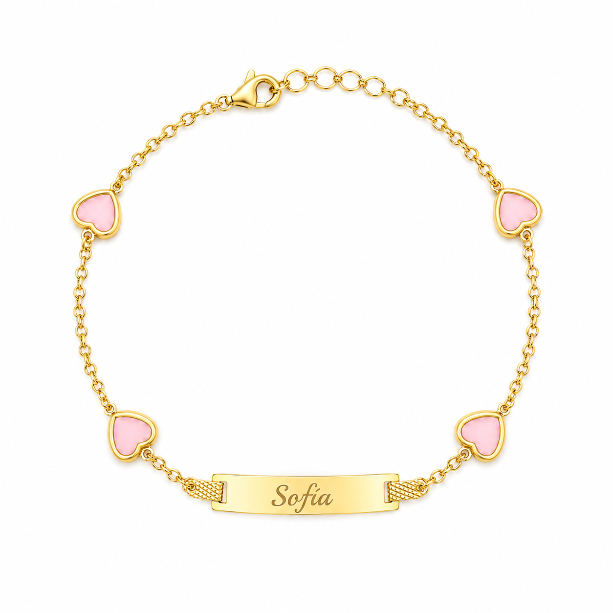 Personalized Baby ID Bracelet with Pink Hearts – 10K Solid Gold 💗