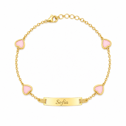 Personalized Baby ID Bracelet with Pink Hearts – 10K Solid Gold 💗