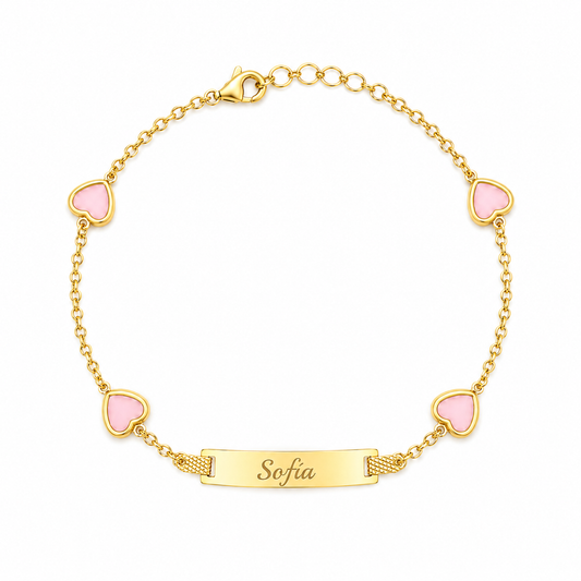 Personalized Baby ID Bracelet with Pink Hearts – 10K Solid Gold 💗