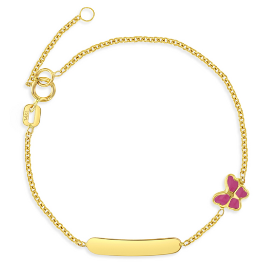 Manilla para niñas con mariposa rosa grabable de oro de 14 k