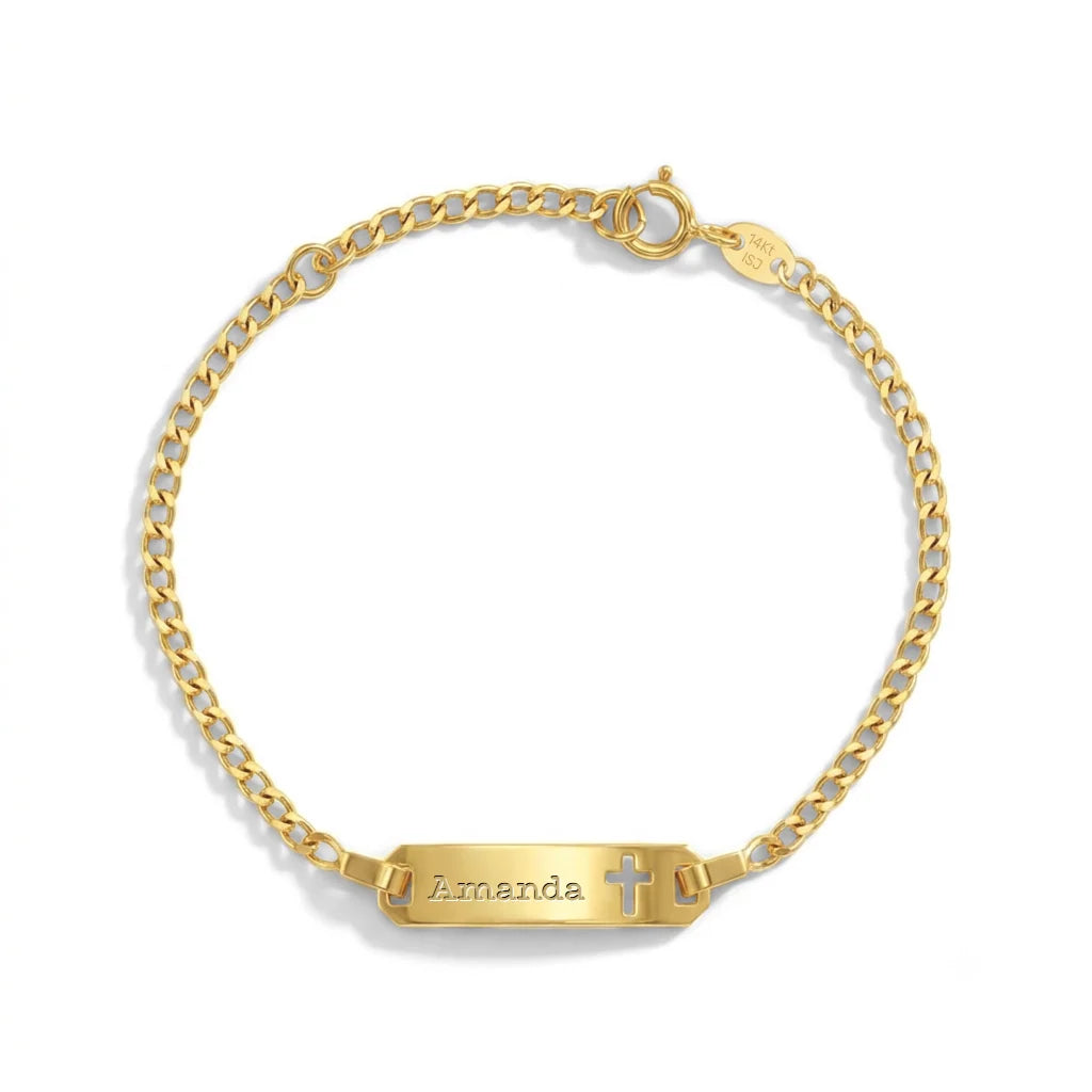 14k Gold Cross ID Curb Chain Bracelet 4.5" to 5.5"
