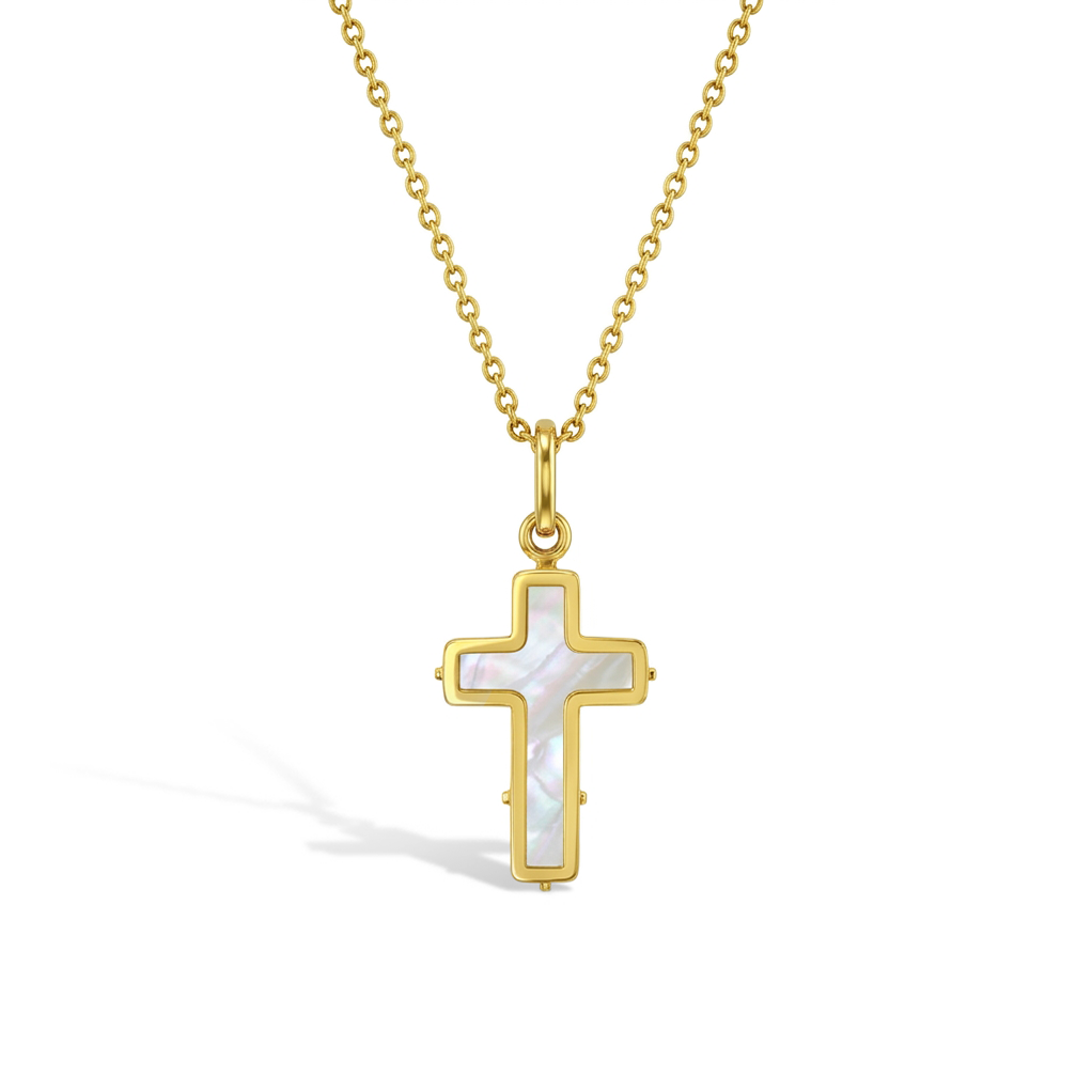 14k Gold Mother of Pearl Cross Pendant 16"