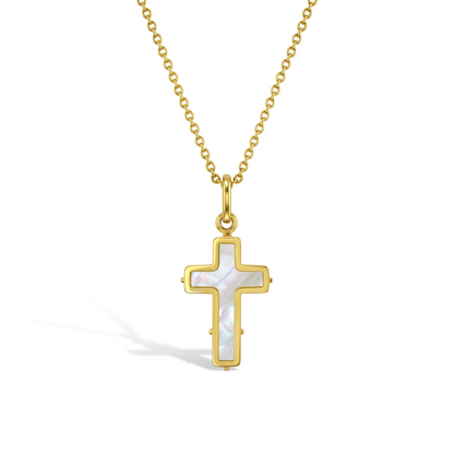 14k Gold Mother of Pearl Cross Pendant 16"