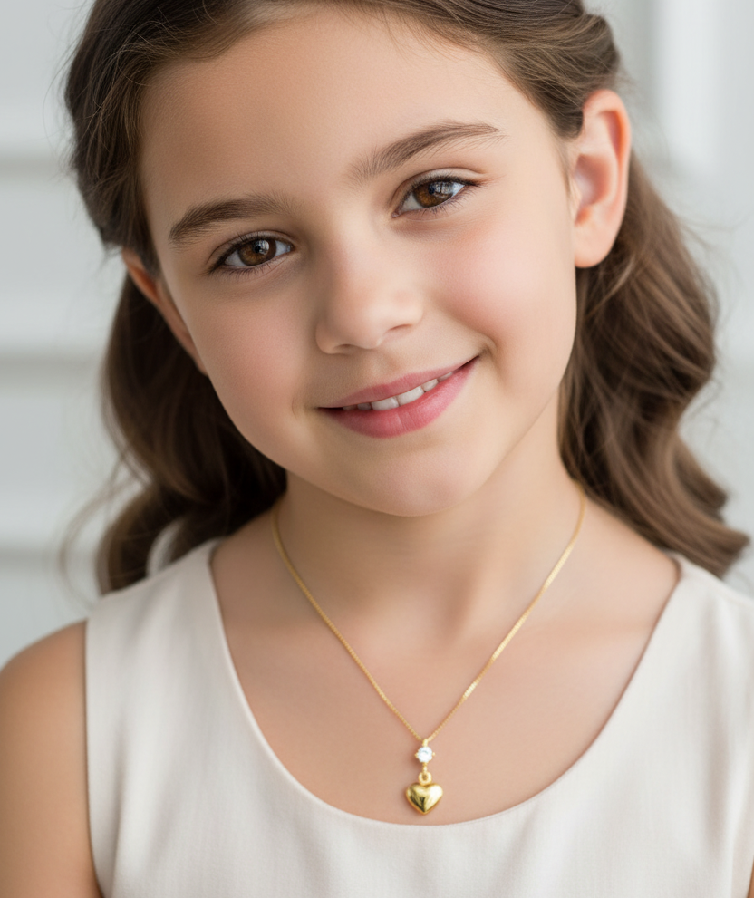 14k CZ Heart Dangle Girls Necklace 15" extension 16"