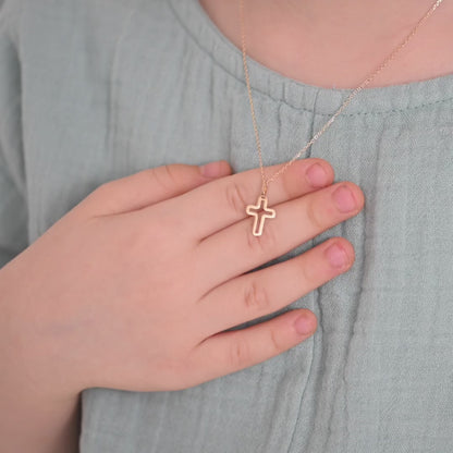 14k Curved Cross Outline Boy's Pendant 16"