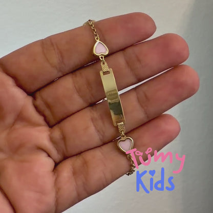 Personalized Baby ID Bracelet with Pink Hearts – 10K Solid Gold 💗