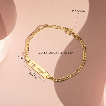 Pulsera de identificación para bebé con etiqueta recortada en forma de corazón de 14 k, de 4,5" a 5,5"