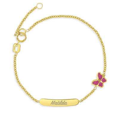 Manilla para niñas con mariposa rosa grabable de oro de 14 k