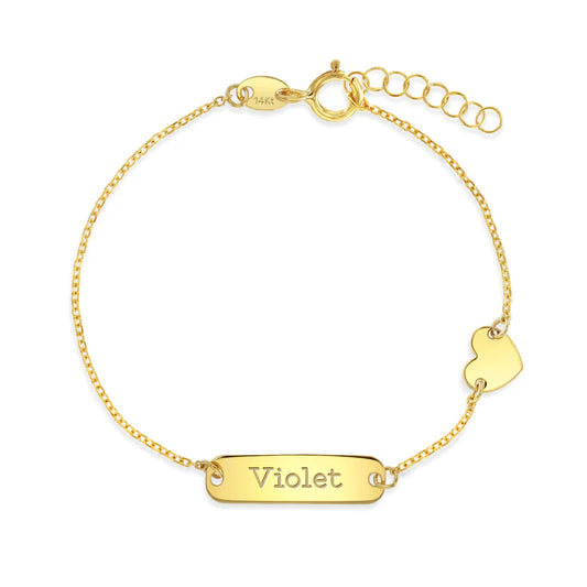 14k Heart Charm Tag ID Girls Bracelet 5" to 6"