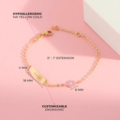14k Pastel Flower Tag ID Girls Bracelet 5" to 6"