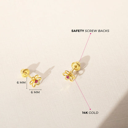 14k Jeweled Open Flower Girls Earrings