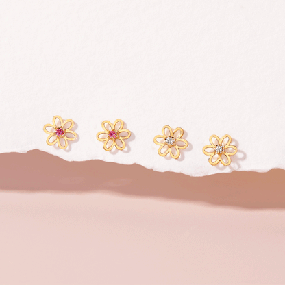 14k Jeweled Open Flower Girls Earrings