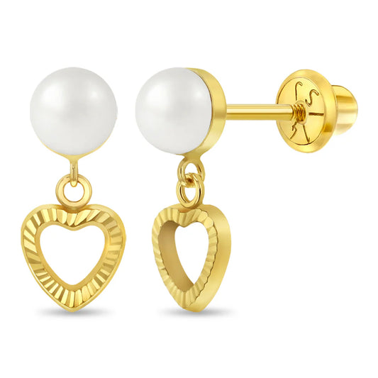 14k Pearl Heart Dangle Girl Earrings