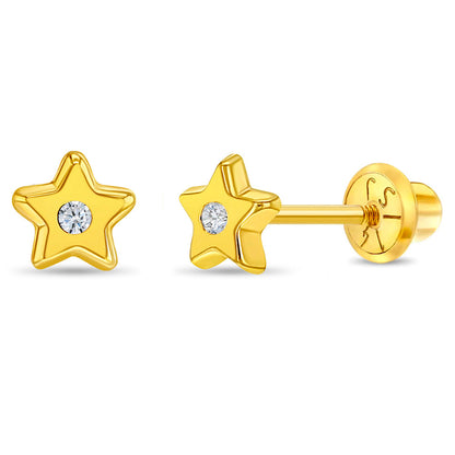 Pendientes para niños pequeños con estrella de circonita cúbica pulida de 14 k