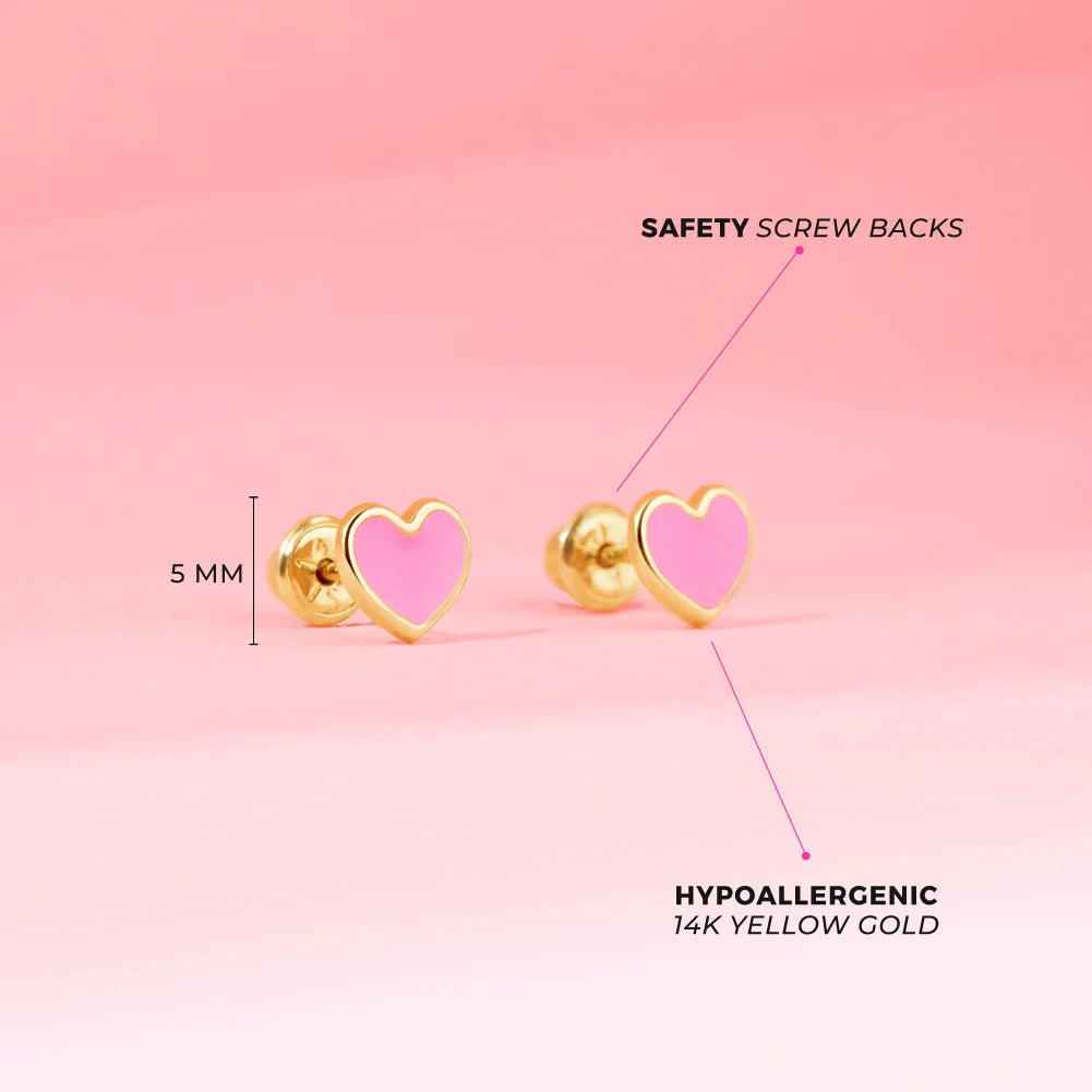 14k Pink Enamel Heart Girl Earrings