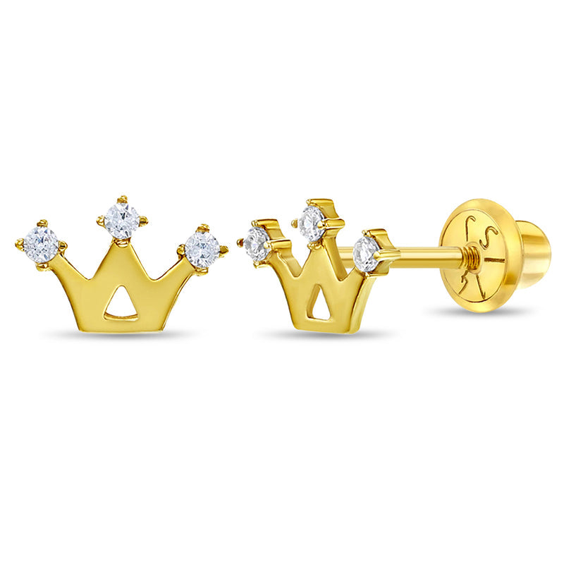 14k 3 Point CZ Crown Toddler Earrings