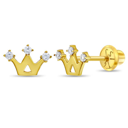14k 3 Point CZ Crown Toddler Earrings