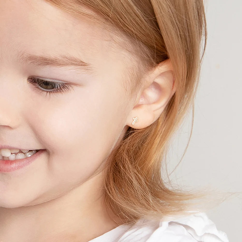 18k gold Tiny Cross Children's Earrings