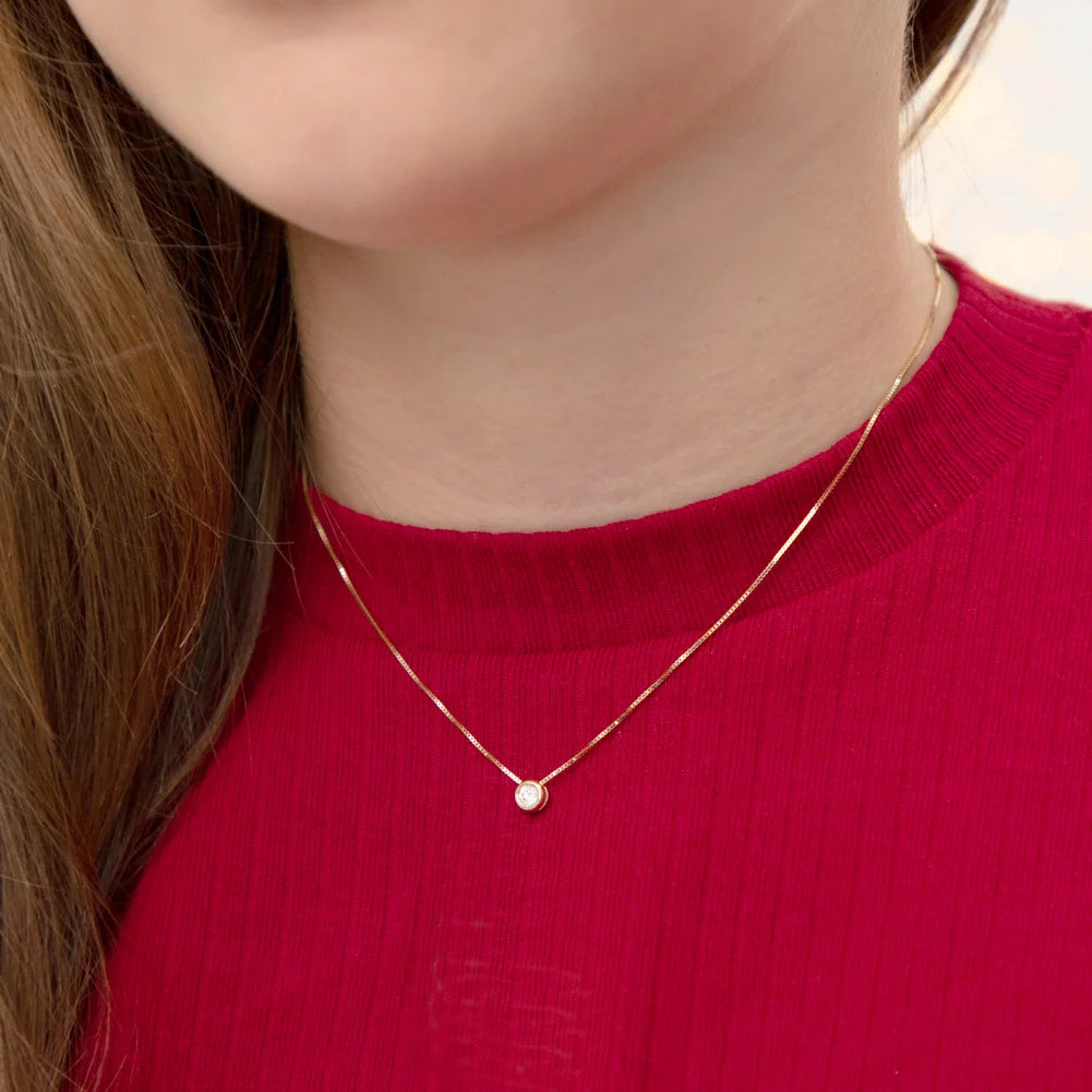 14k Gold Hidden Halo Bezel Girls Necklace 16" ext 17"