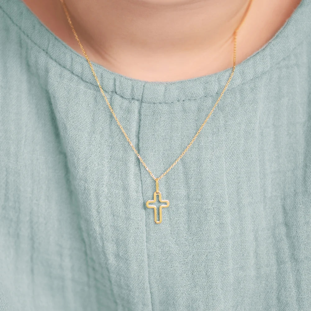 14k Curved Cross Outline Boy's Pendant 16"