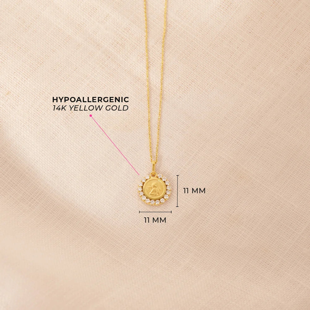 14k Guardian Angel CZ Medal Pendant 16"