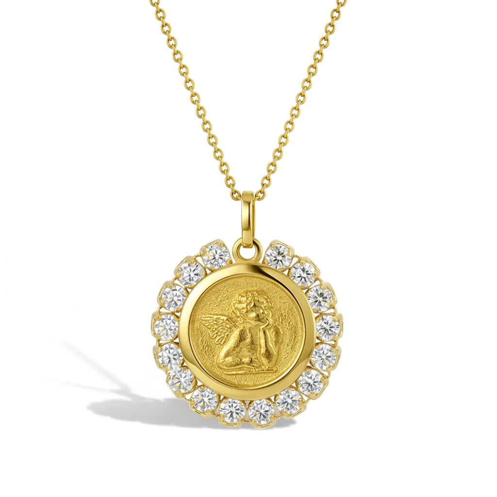14k Guardian Angel CZ Medal Pendant 16"