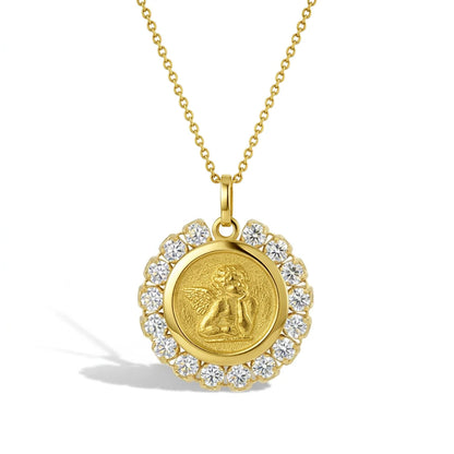 14k Guardian Angel CZ Medal Pendant 16"